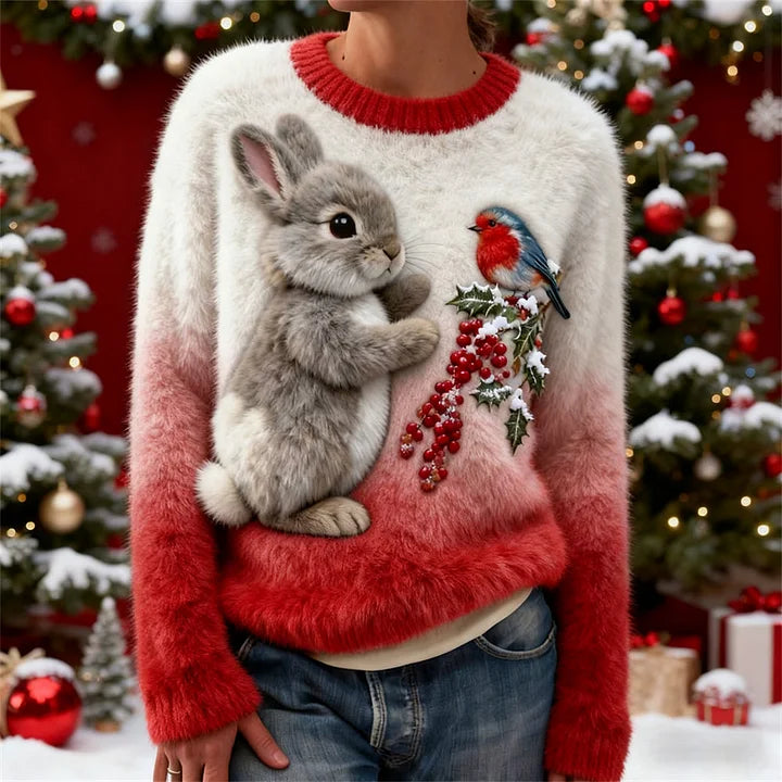 Suzette | Cute Winter Sweater with a Rabbit and a Robin