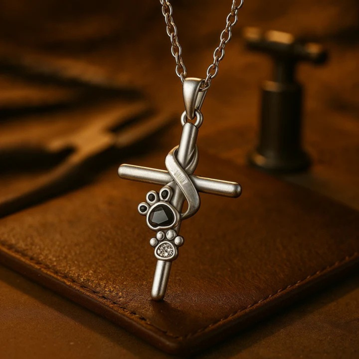 Silver paw and cross pendant necklace