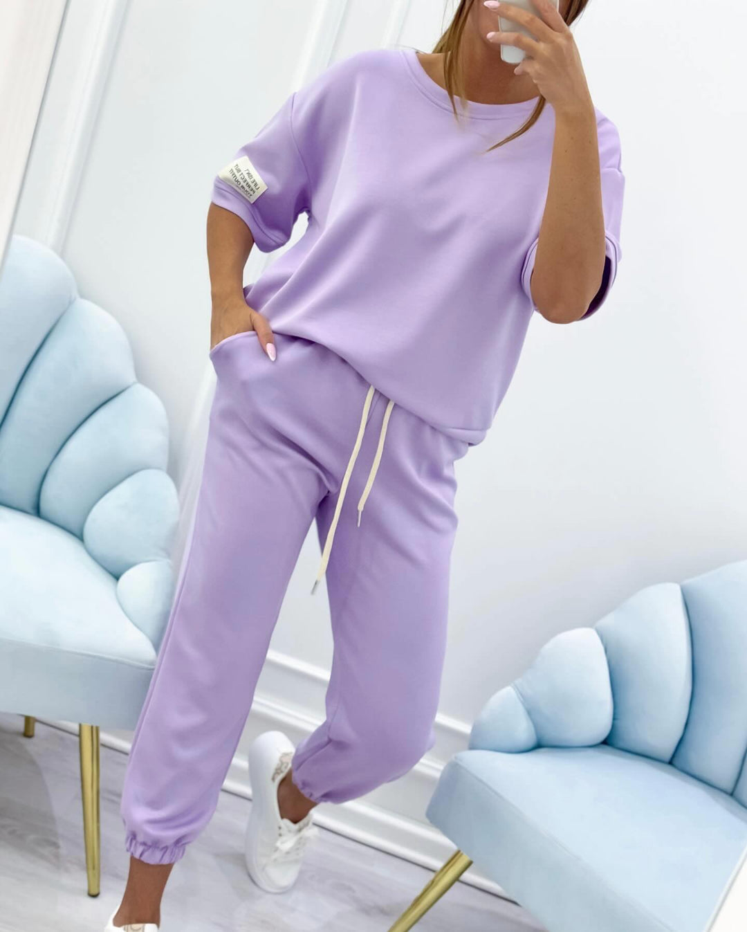 Women's casual set with a solid top and pants