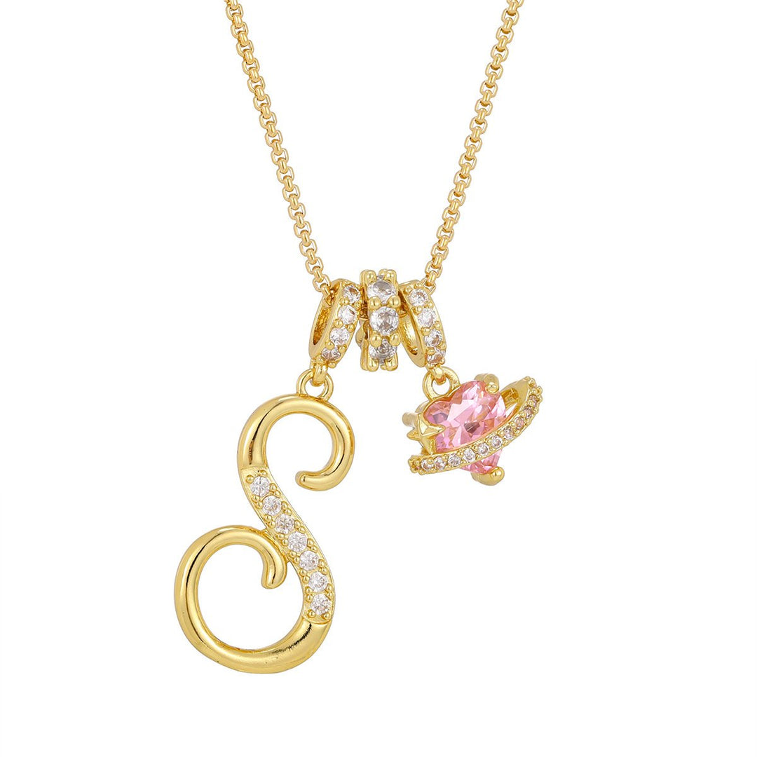 Necklace with Initial and Pink Heart Pendant