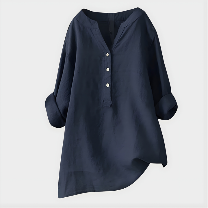 Veronique I Elegant Cotton-Linen V-Neck Blouse