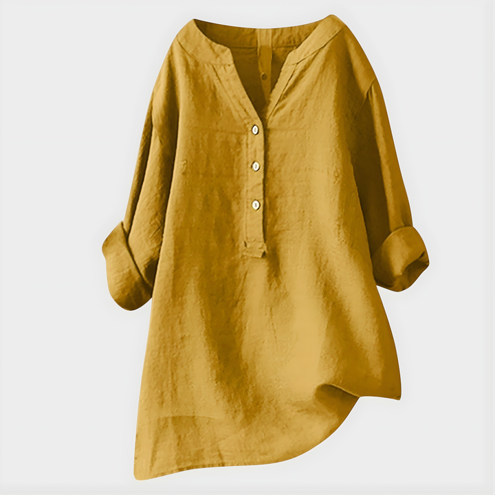 Veronique I Elegant Cotton-Linen V-Neck Blouse