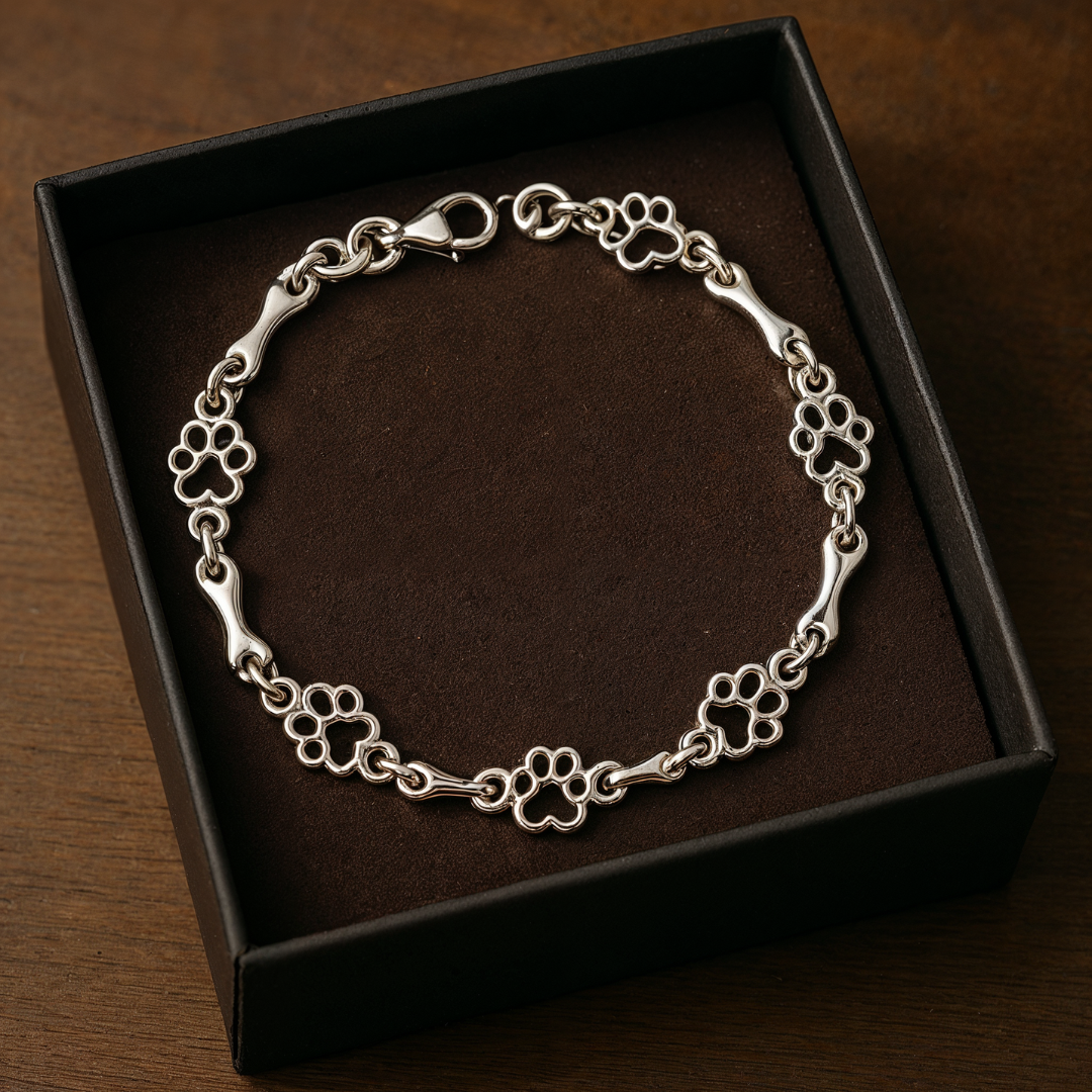 Bracciale con ciondoli a forma di zampa di cane e osso in argento
