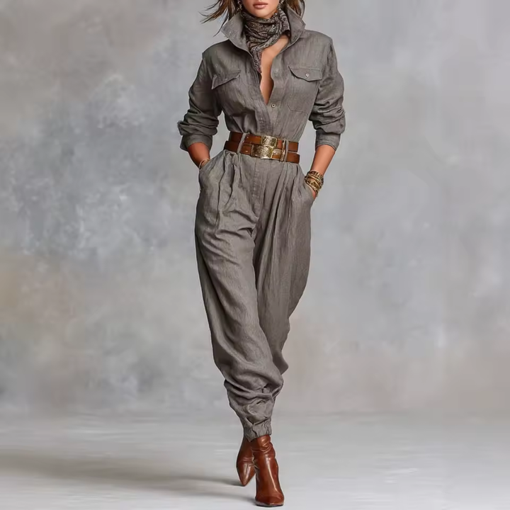 Elegante tuta utilitaria in tweed a trama tartan