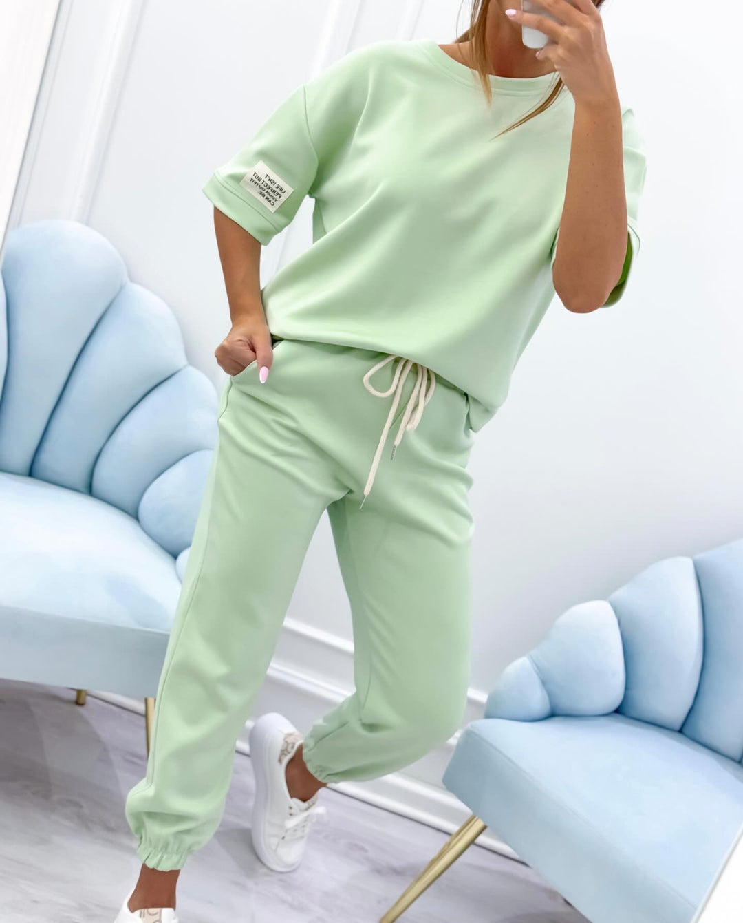 Women's casual set with a solid top and pants