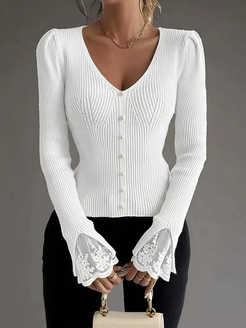 Ribbed Sweater with V-Neck and Lace Sleeves
