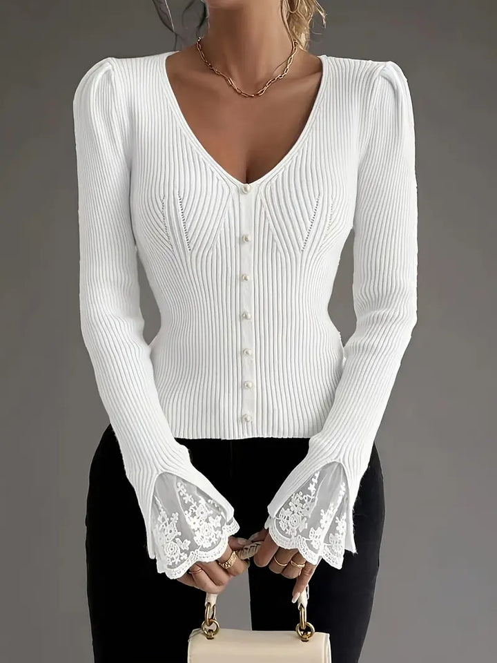 Ribbed Sweater with V-Neck and Lace Sleeves