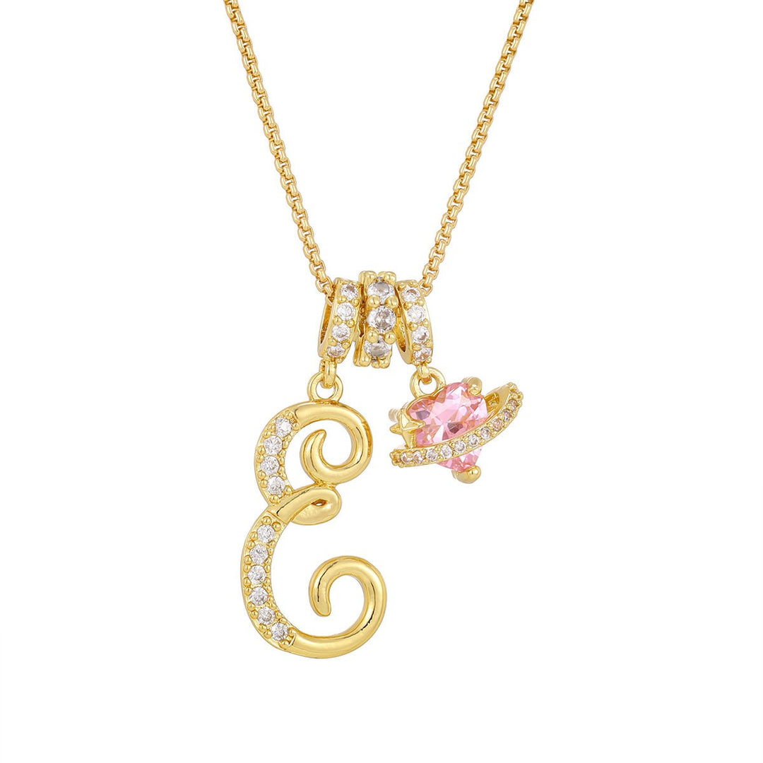 Necklace with Initial and Pink Heart Pendant