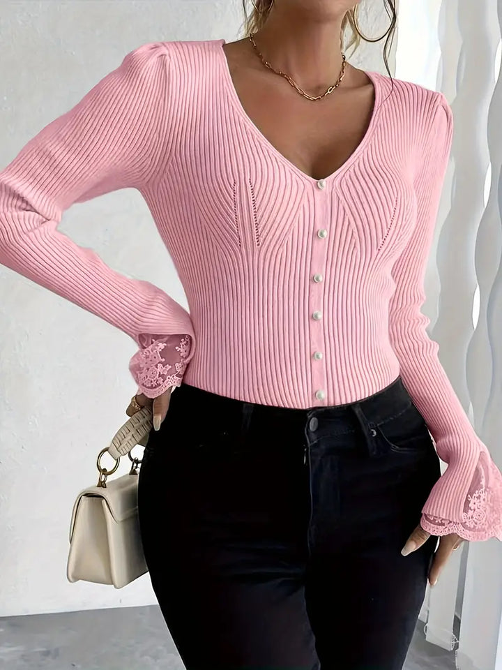Ribbed Sweater with V-Neck and Lace Sleeves