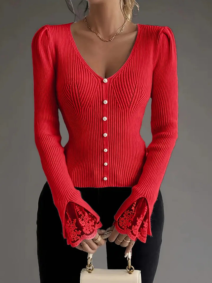 Ribbed Sweater with V-Neck and Lace Sleeves