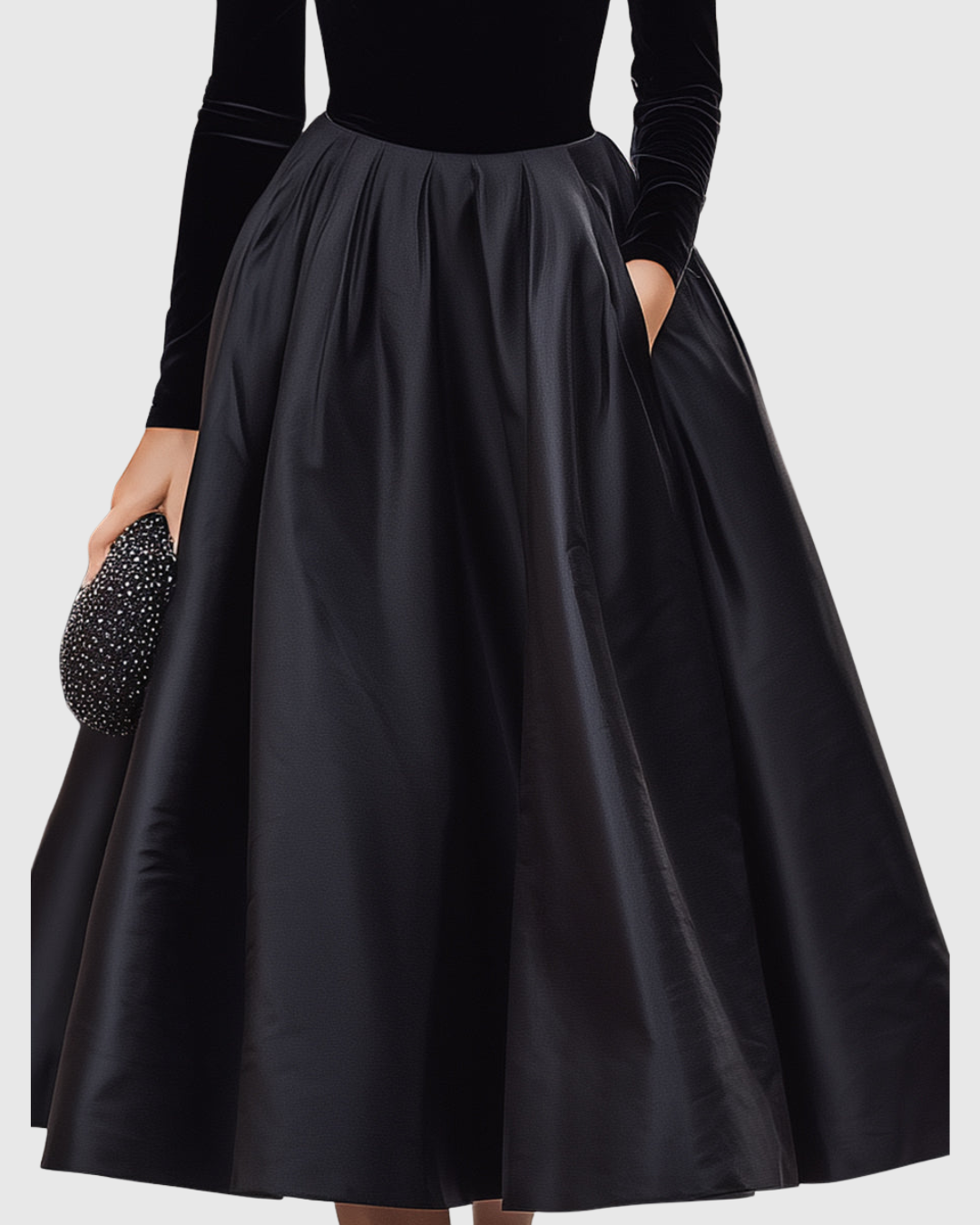 Aradia | Elegant Black Midi Dress with Velvet and Satin