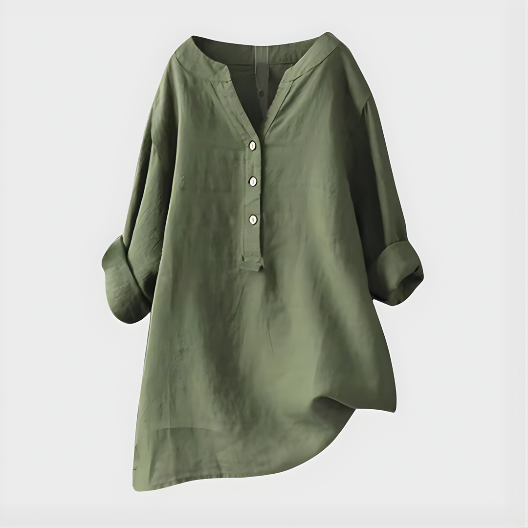 Veronique I Elegant Cotton-Linen V-Neck Blouse