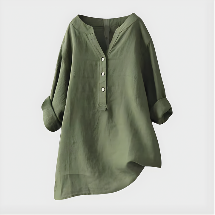 Veronique I Elegant Cotton-Linen V-Neck Blouse