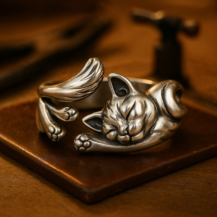Vintage ring with cat in silver