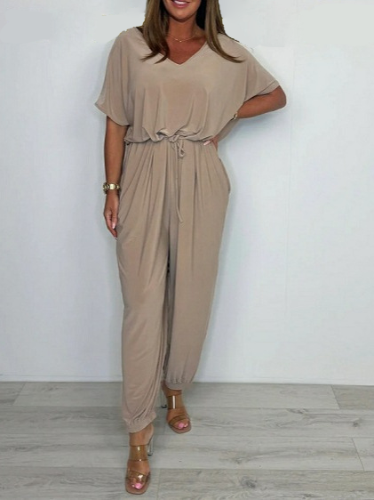 Cotton Jumpsuit with V-Neck and Ties