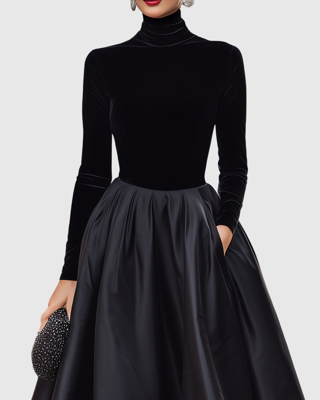 Aradia | Elegant Black Midi Dress with Velvet and Satin