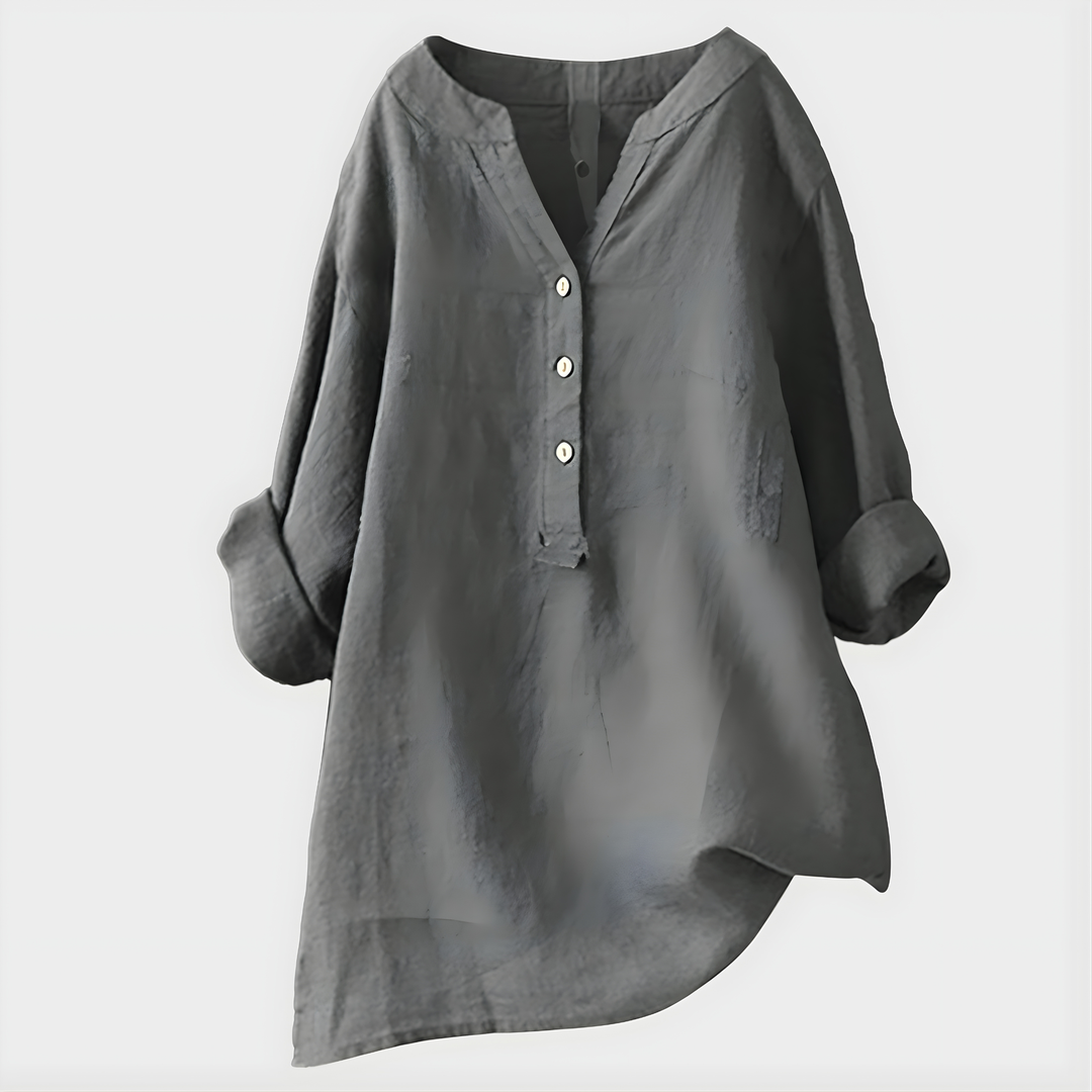 Veronique I Elegant Cotton-Linen V-Neck Blouse