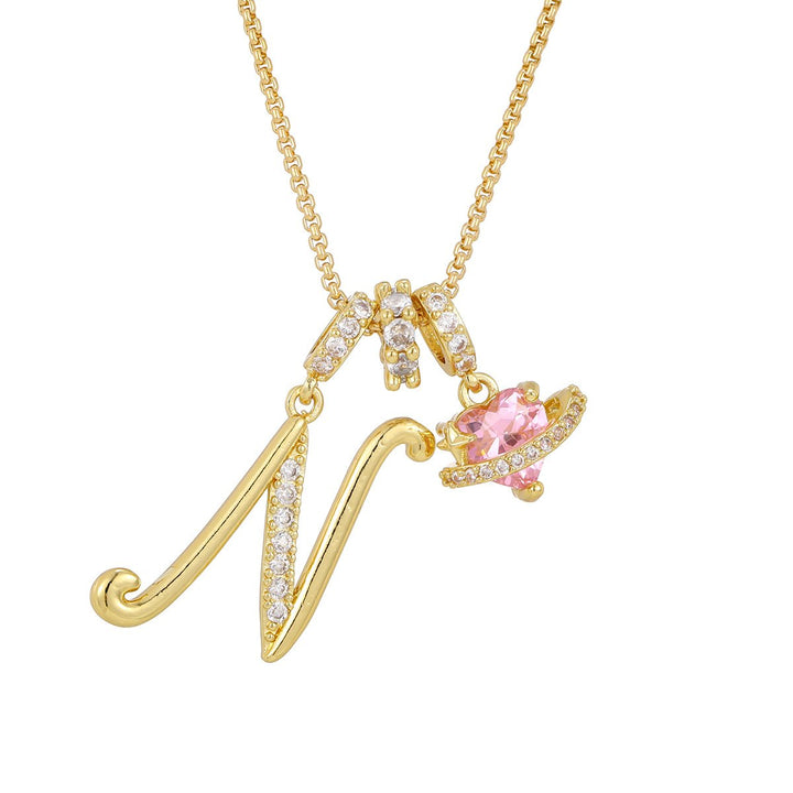 Necklace with Initial and Pink Heart Pendant