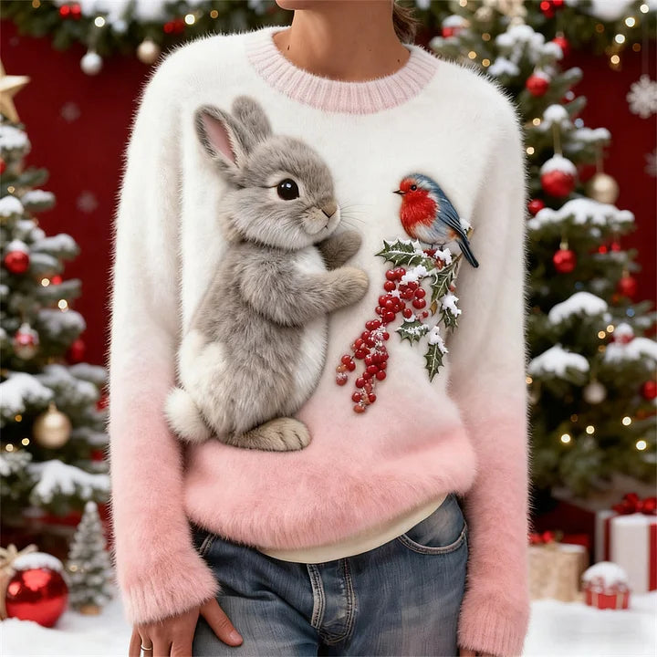 Suzette | Cute Winter Sweater with a Rabbit and a Robin
