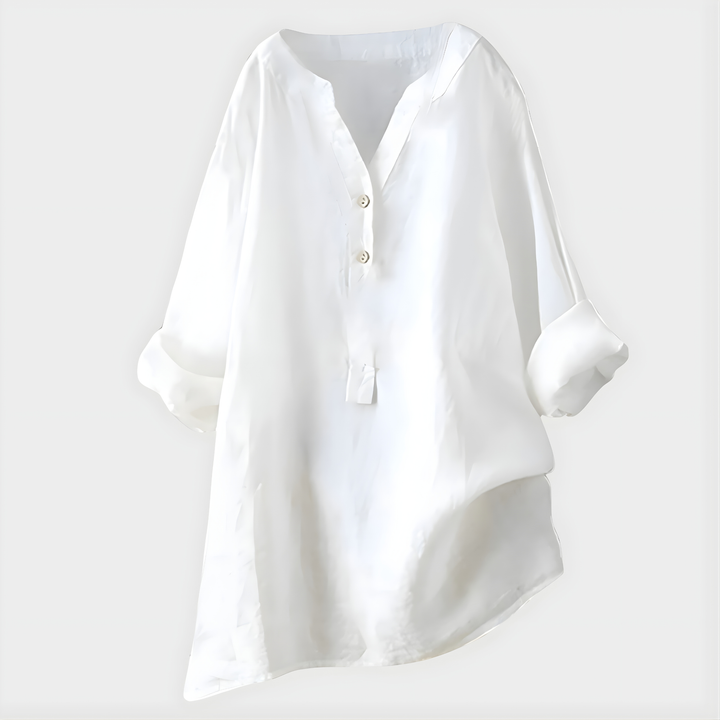 Veronique I Elegant Cotton-Linen V-Neck Blouse