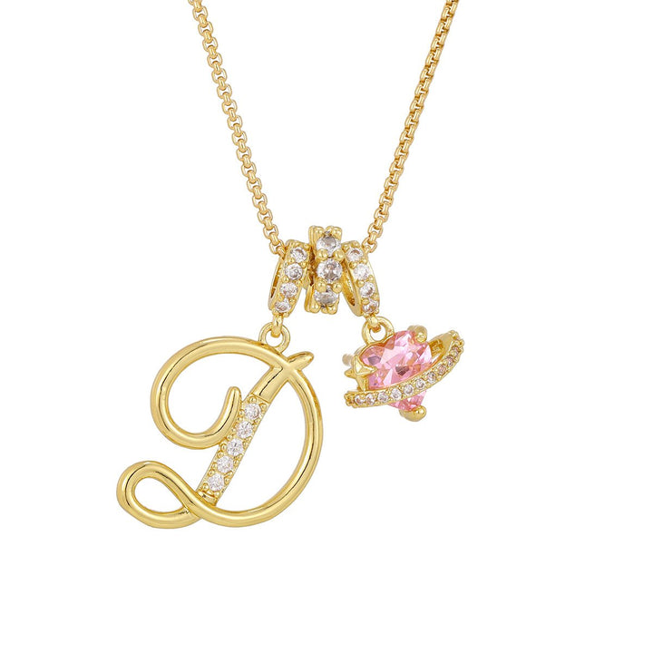 Necklace with Initial and Pink Heart Pendant
