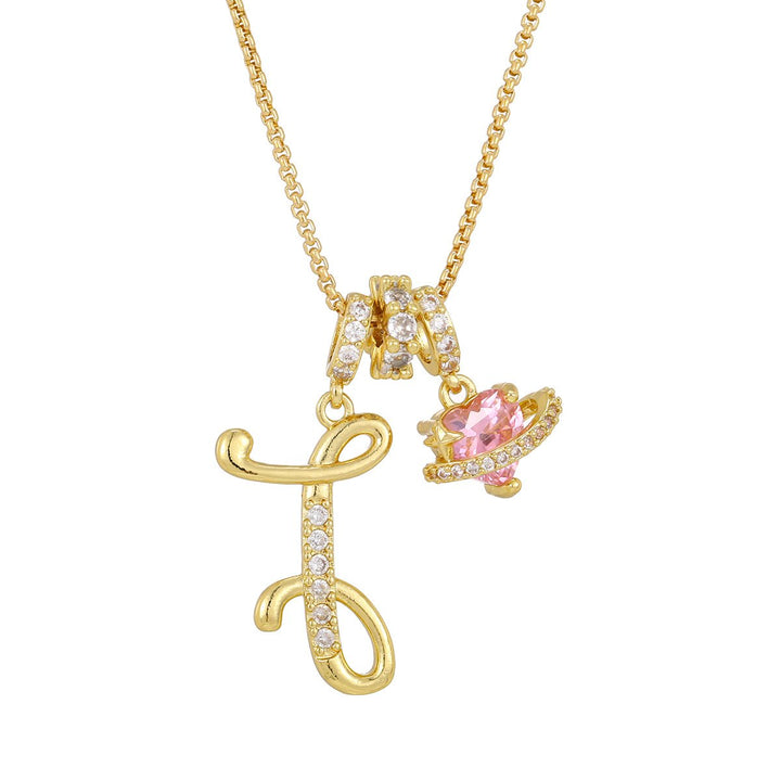 Necklace with Initial and Pink Heart Pendant