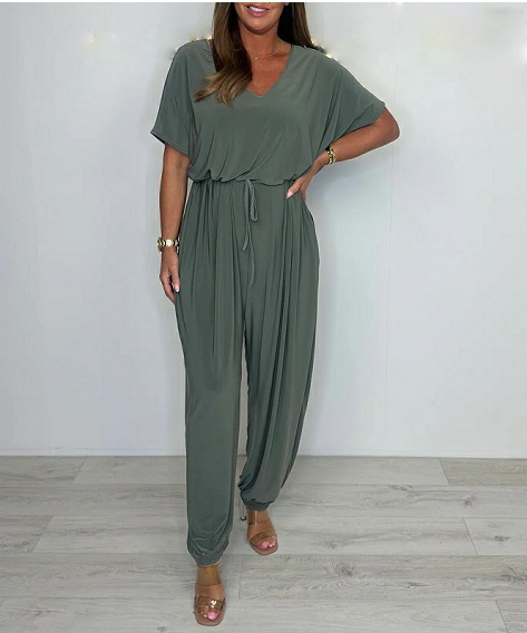 Cotton Jumpsuit with V-Neck and Ties