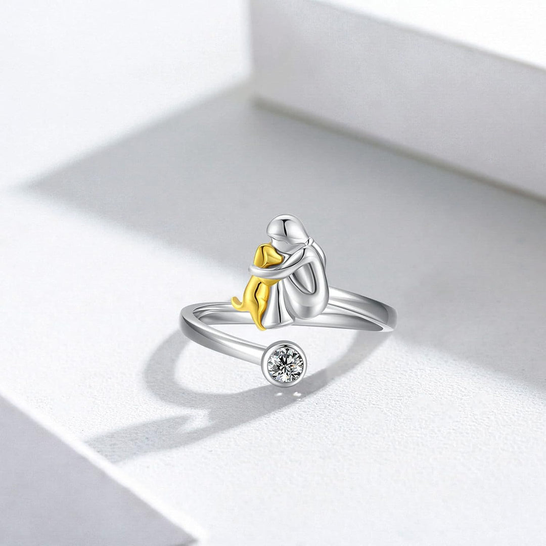 Silver ring with a dog and cubic zirconia stones