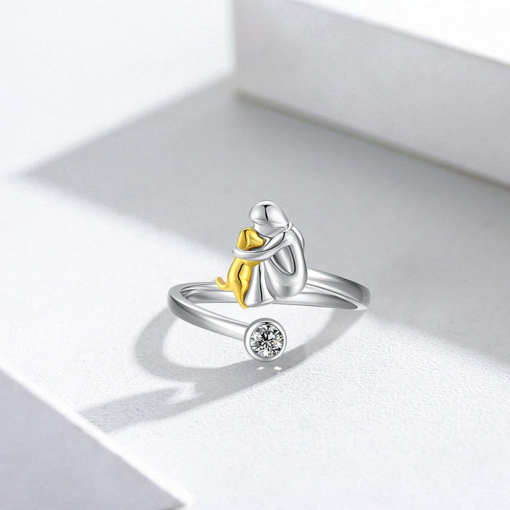 Silver ring with a dog and cubic zirconia stones