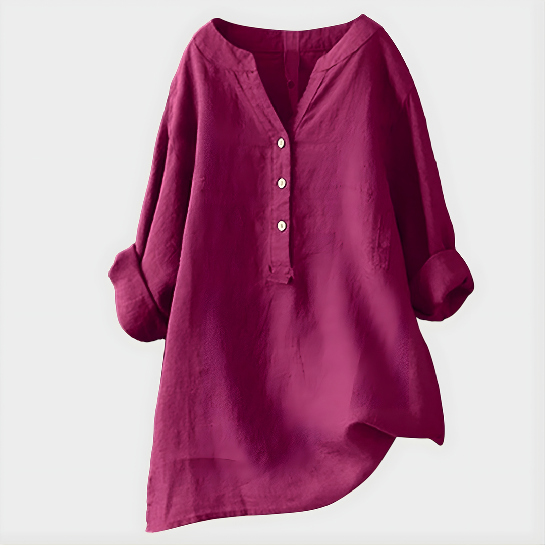 Veronique I Elegant Cotton-Linen V-Neck Blouse