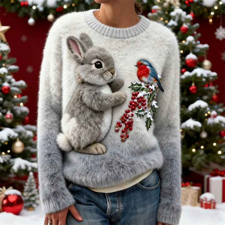 Suzette | Cute Winter Sweater with a Rabbit and a Robin