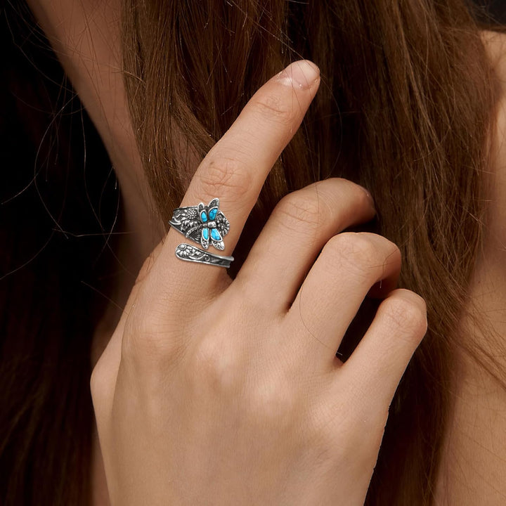 Sterling silver spoon ring with turquoise – Vintage boho ring with a dragonfly