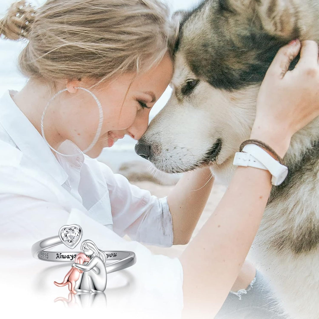 Anello regolabile per cani in argento – “Always in My Heart” con pietre di zirconia