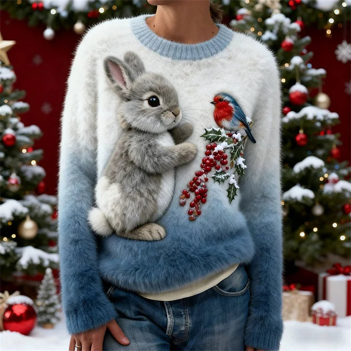 Suzette | Cute Winter Sweater with a Rabbit and a Robin