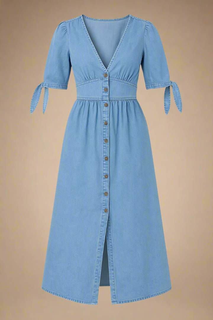 Celina Dress | Long denim dress with buttons and a defined waist
