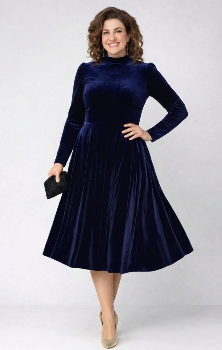 Sibella | Navy Blue Midi Dress with Long Sleeves