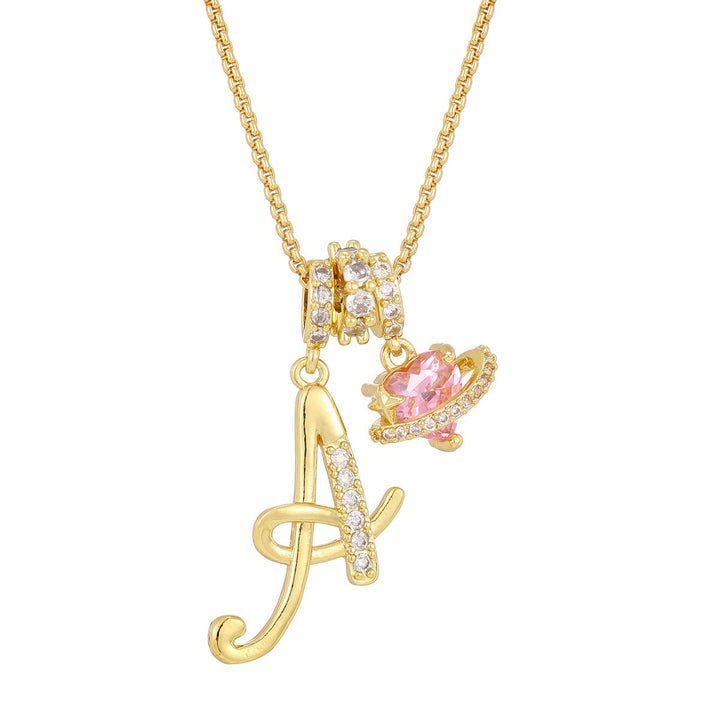 Necklace with Initial and Pink Heart Pendant