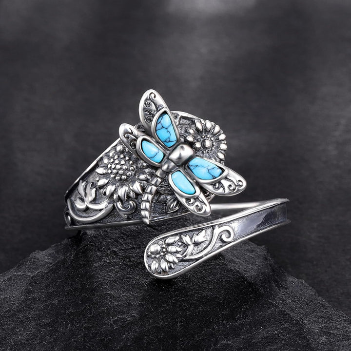 Sterling silver spoon ring with turquoise – Vintage boho ring with a dragonfly
