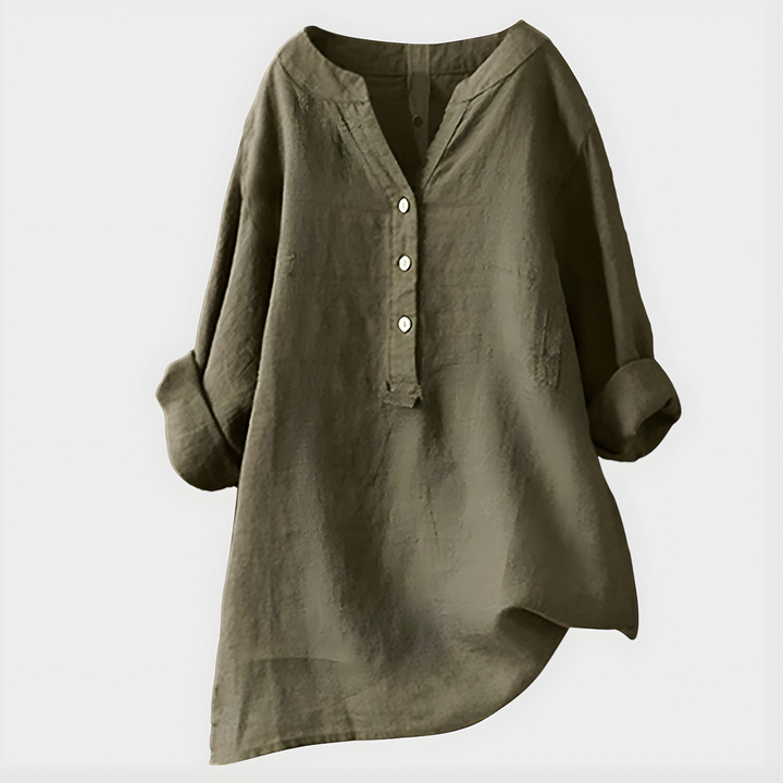 Veronique I Elegant Cotton-Linen V-Neck Blouse