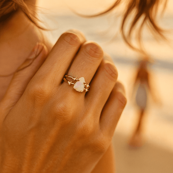 925 silver ring with moonstone and gold decorations