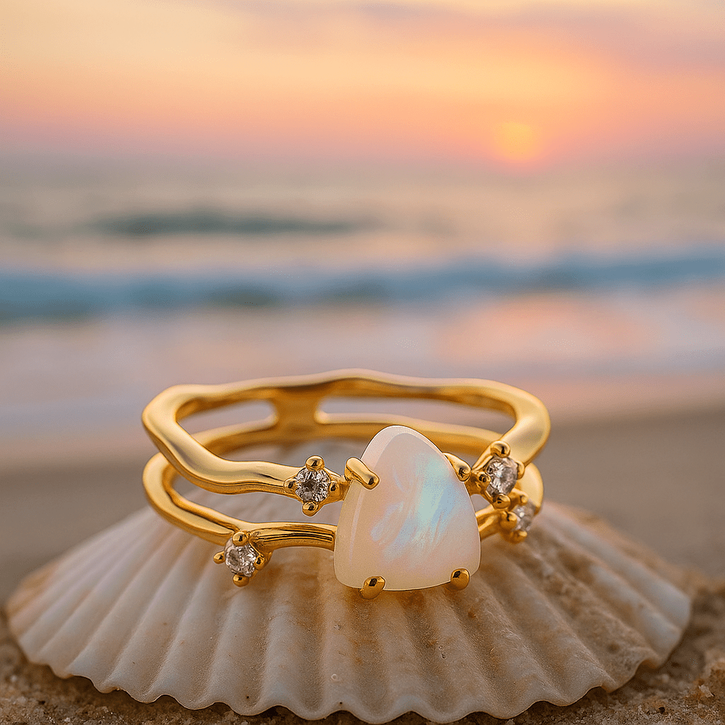 925 silver ring with moonstone and gold decorations