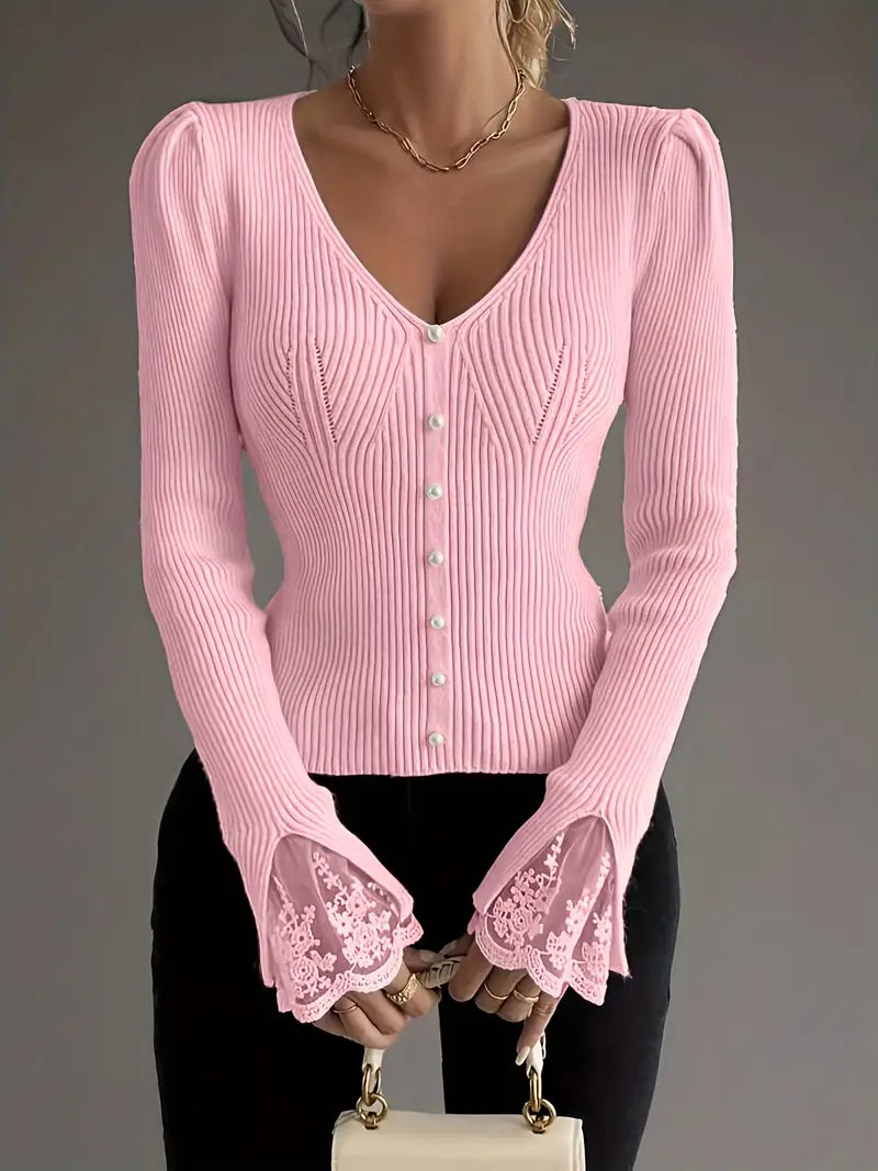 Ribbed Sweater with V-Neck and Lace Sleeves