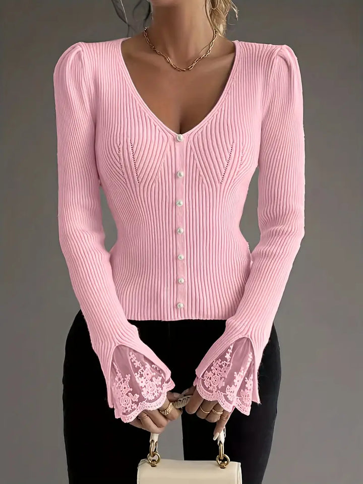 Ribbed Sweater with V-Neck and Lace Sleeves