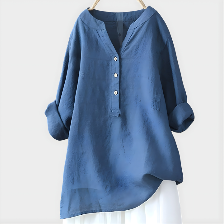 Veronique I Elegant Cotton-Linen V-Neck Blouse