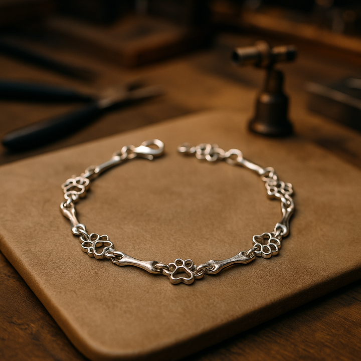 Bracciale con ciondoli a forma di zampa di cane e osso in argento