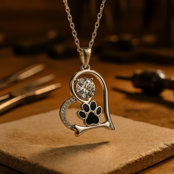 Handmade necklace with dog paw print and bone with zirconia