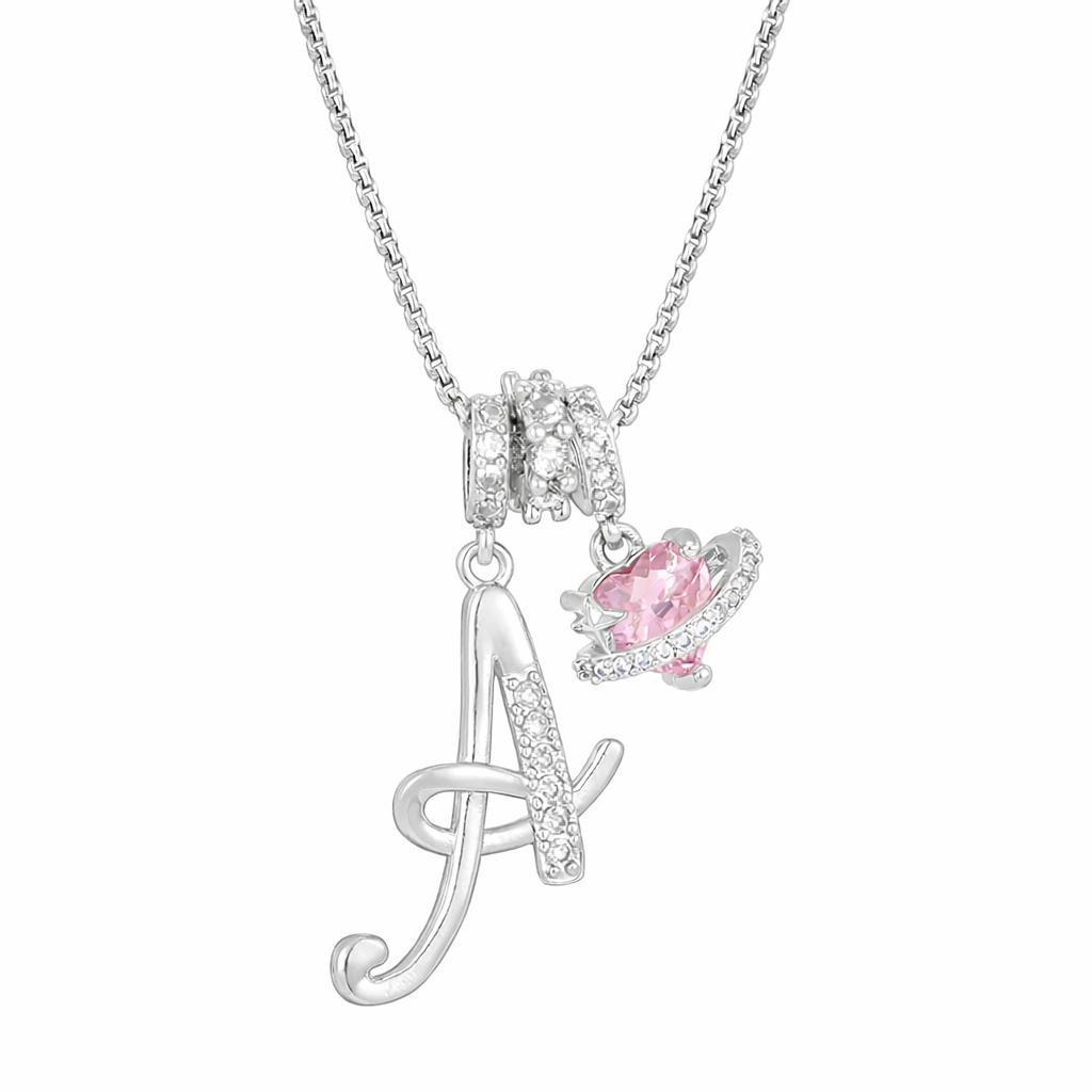 Necklace with Initial and Pink Heart Pendant