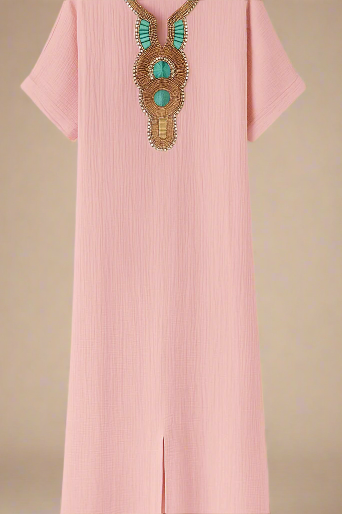 SAGA DRESS | Long dress with decorated neckline and side slits