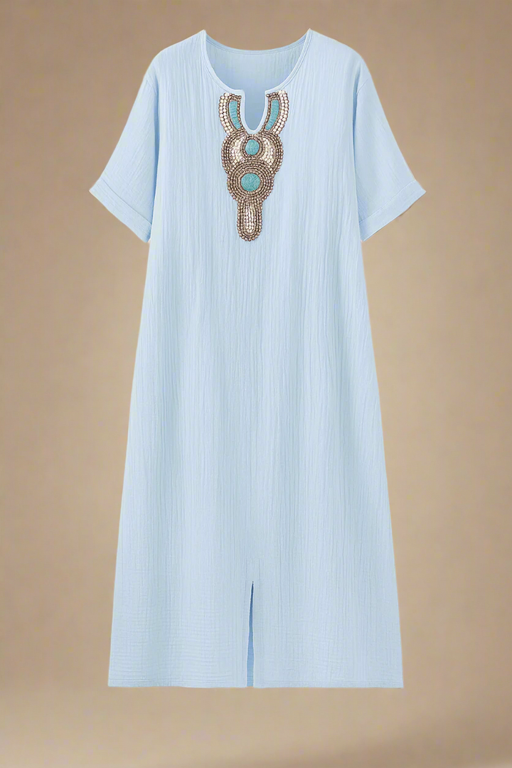 SAGA DRESS | Long dress with decorated neckline and side slits
