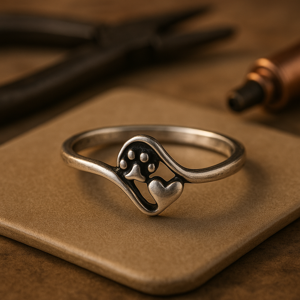 Vintage silver ring with a paw print and heart motif